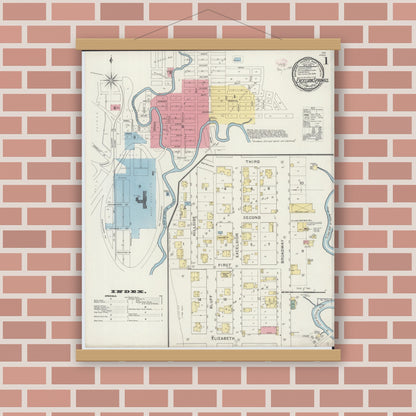 Old map wall art mockup — magnetic wood frame on brick wall — Sanborn Fire Insurance Map from Excelsior Springs, Clay County, Missouri (1894) - Complete Map Set