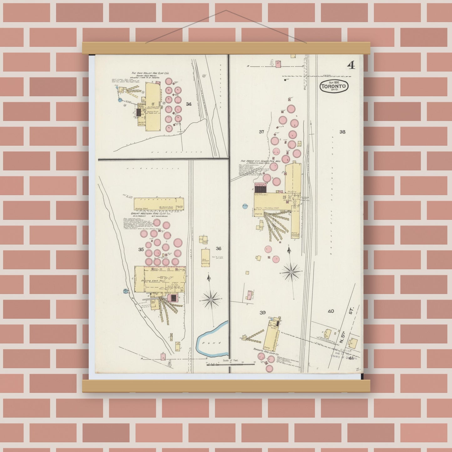 Old map wall art mockup — magnetic wood frame on brick wall — Sanborn Fire Insurance Map from Toronto, Jefferson County, Ohio (1892), Sheet #0004