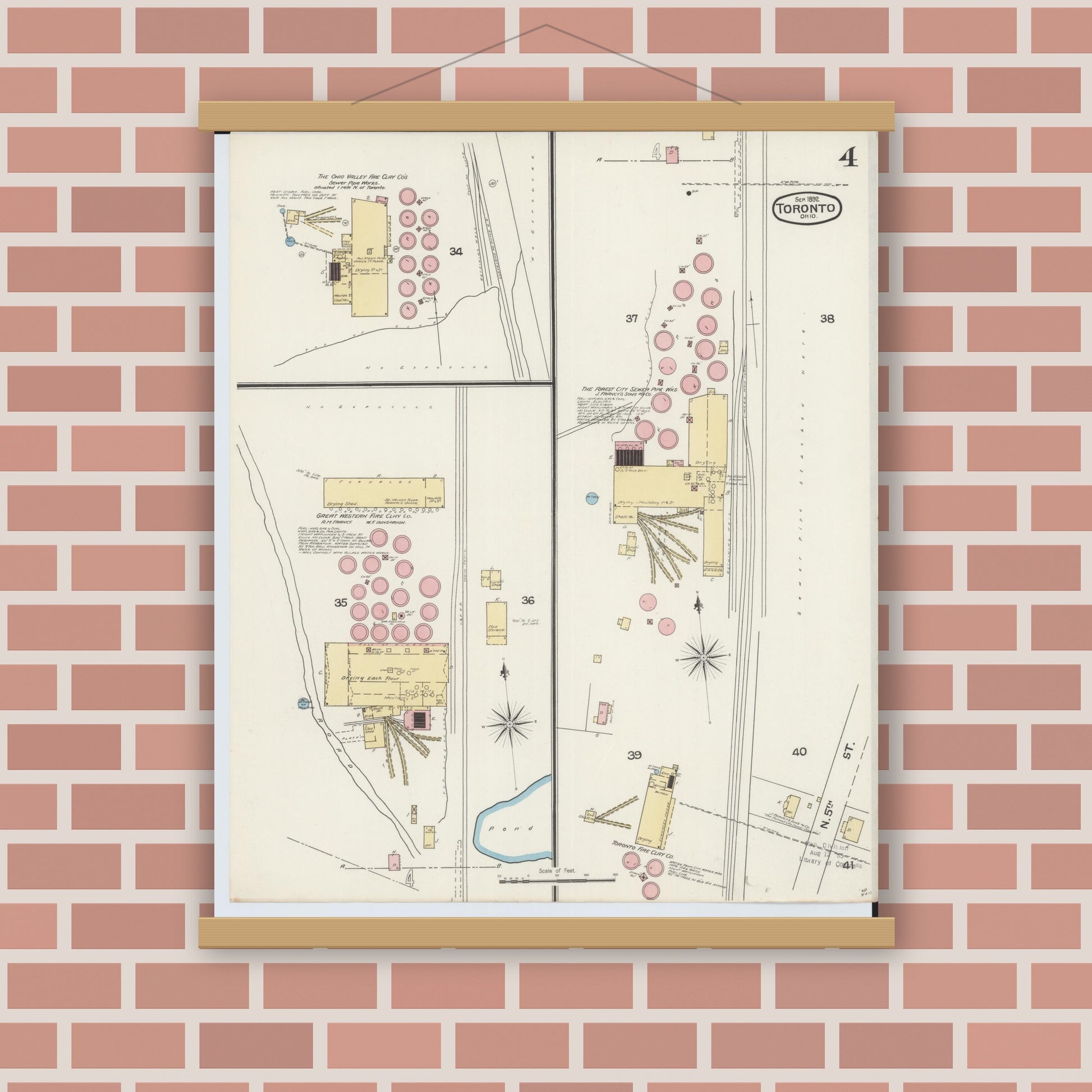 Old map wall art mockup — magnetic wood frame on brick wall — Sanborn Fire Insurance Map from Toronto, Jefferson County, Ohio (1892), Sheet #0004