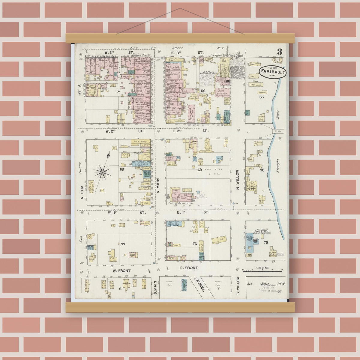 Old map wall art mockup — magnetic wood frame on brick wall — Sanborn Fire Insurance Map from Faribault, Rice County, Minnesota (1889), Sheet #0003
