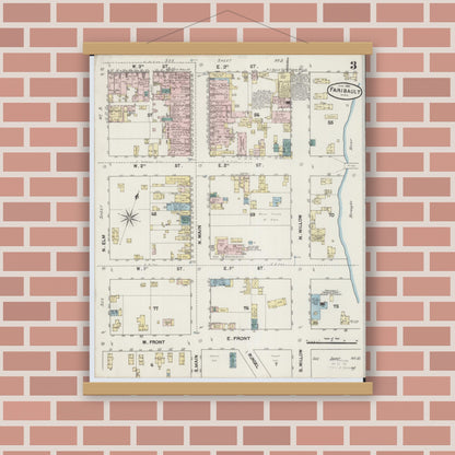 Old map wall art mockup — magnetic wood frame on brick wall — Sanborn Fire Insurance Map from Faribault, Rice County, Minnesota (1889), Sheet #0003