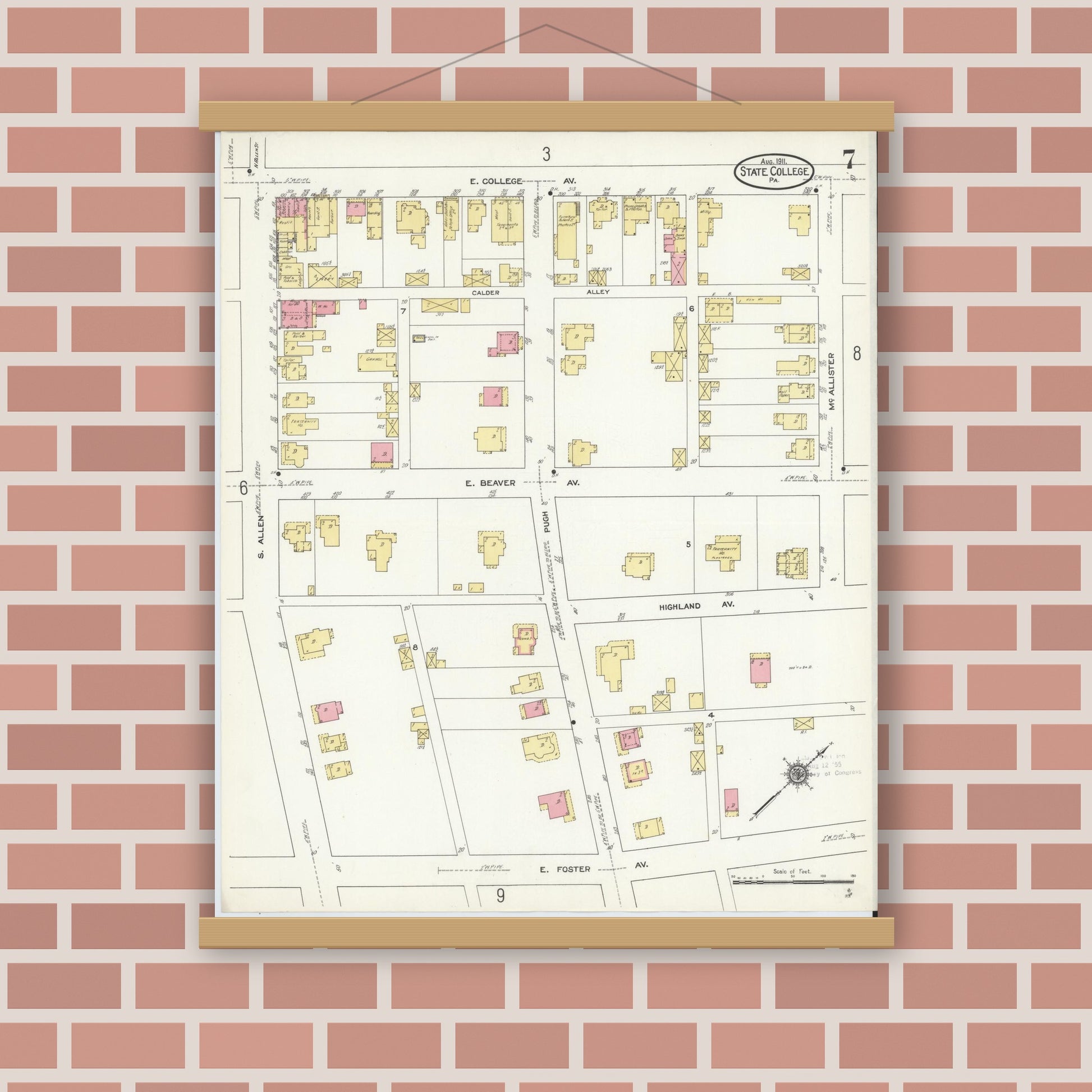 Old map wall art mockup — magnetic wood frame on brick wall — Sanborn Fire Insurance Map from State College, Centre County, Pennsylvania (1911), Sheet #0007