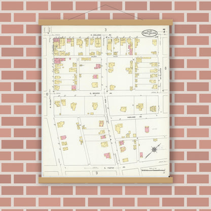 Old map wall art mockup — magnetic wood frame on brick wall — Sanborn Fire Insurance Map from State College, Centre County, Pennsylvania (1911), Sheet #0007