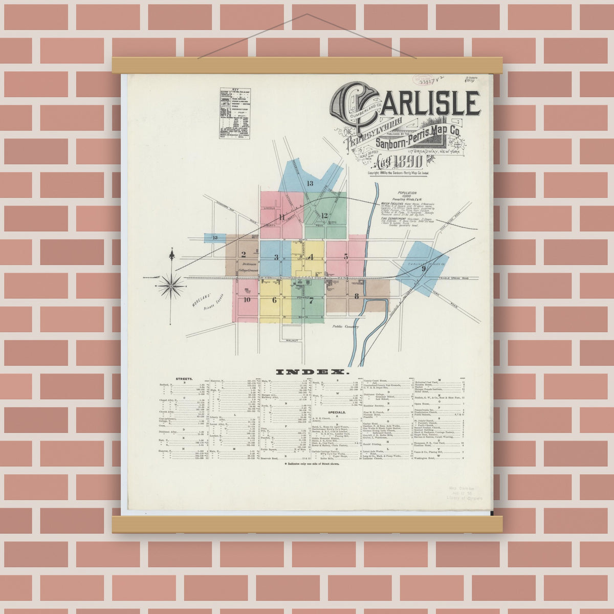 Old map wall art mockup — magnetic wood frame on brick wall — Sanborn Fire Insurance Map from Carlisle, Cumberland County, Pennsylvania (1890) - Complete Map Set