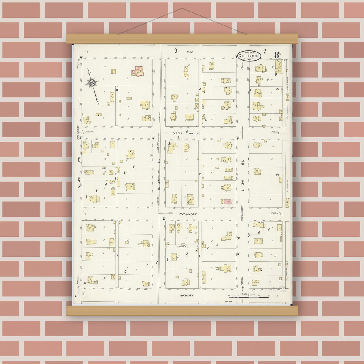 Old map wall art mockup — magnetic wood frame on brick wall — Sanborn Fire Insurance Map from Chillicothe, Peoria County, Illinois (1913), Sheet #0008