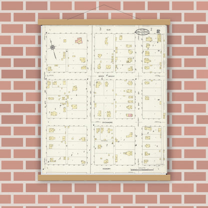 Old map wall art mockup — magnetic wood frame on brick wall — Sanborn Fire Insurance Map from Chillicothe, Peoria County, Illinois (1913), Sheet #0008