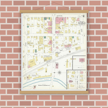 Old map wall art mockup — magnetic wood frame on brick wall — Sanborn Fire Insurance Map from Millersburg, Holmes County, Ohio (1907), Sheet #0002