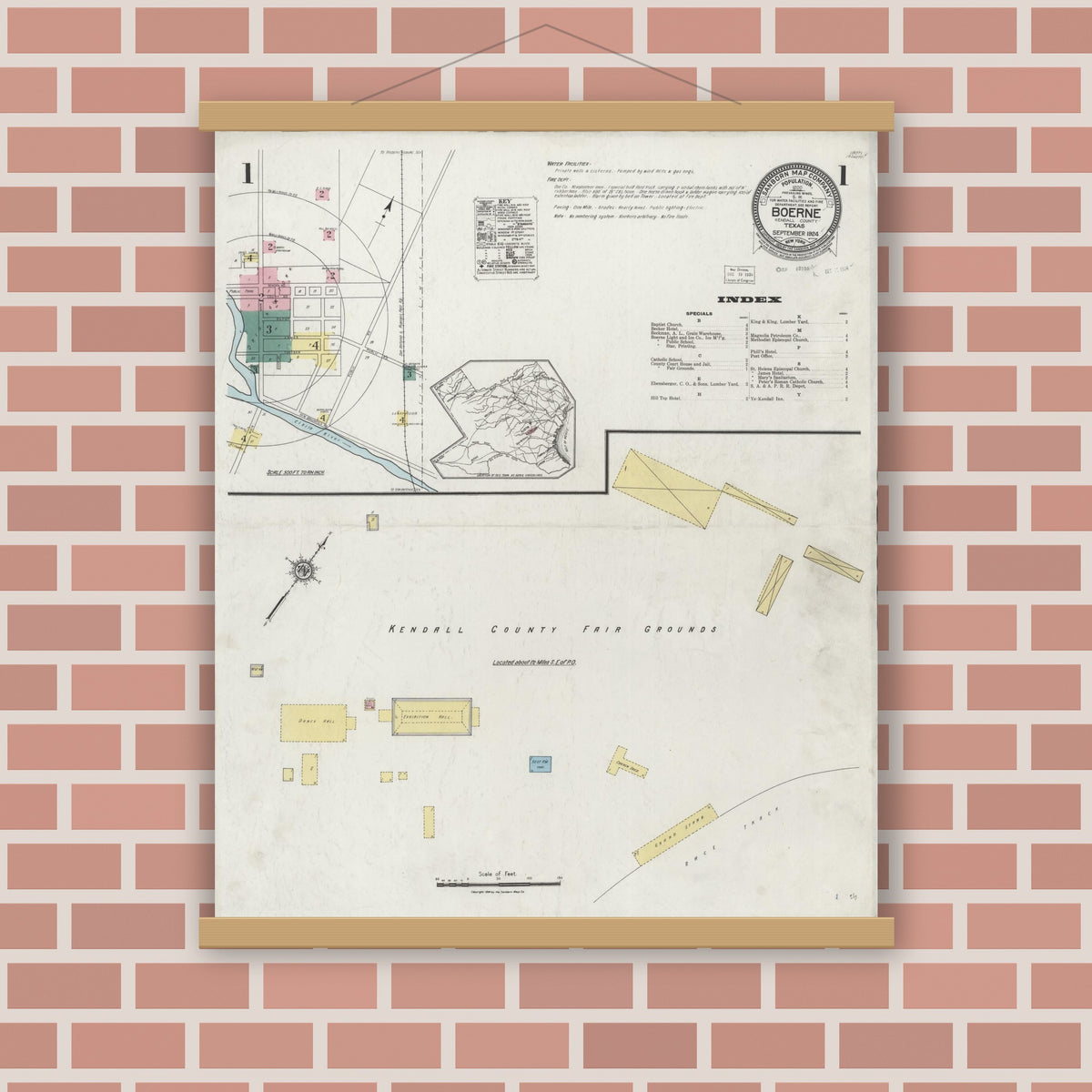 Old map wall art mockup — magnetic wood frame on brick wall — Sanborn Fire Insurance Map from Boerne, Kendall County, Texas (1924) - Complete Map Set