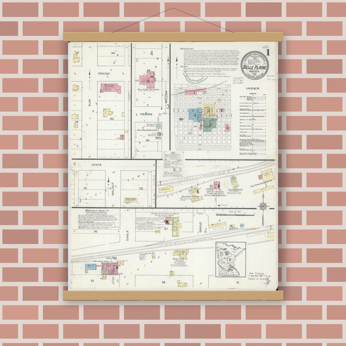 Old map wall art mockup — magnetic wood frame on brick wall — Sanborn Fire Insurance Map from Belle Plaine, Scott County, Minnesota (1914), Sheet #0001