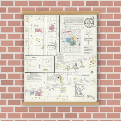 Old map wall art mockup — magnetic wood frame on brick wall — Sanborn Fire Insurance Map from Belle Plaine, Scott County, Minnesota (1914), Sheet #0001