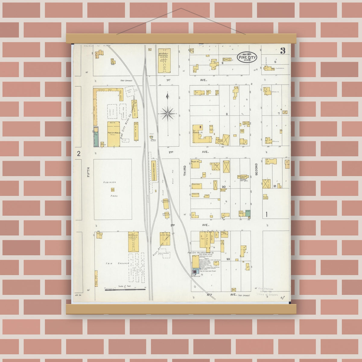 Old map wall art mockup — magnetic wood frame on brick wall — Sanborn Fire Insurance Map from Pine City, Pine County, Minnesota (1904), Sheet #0003