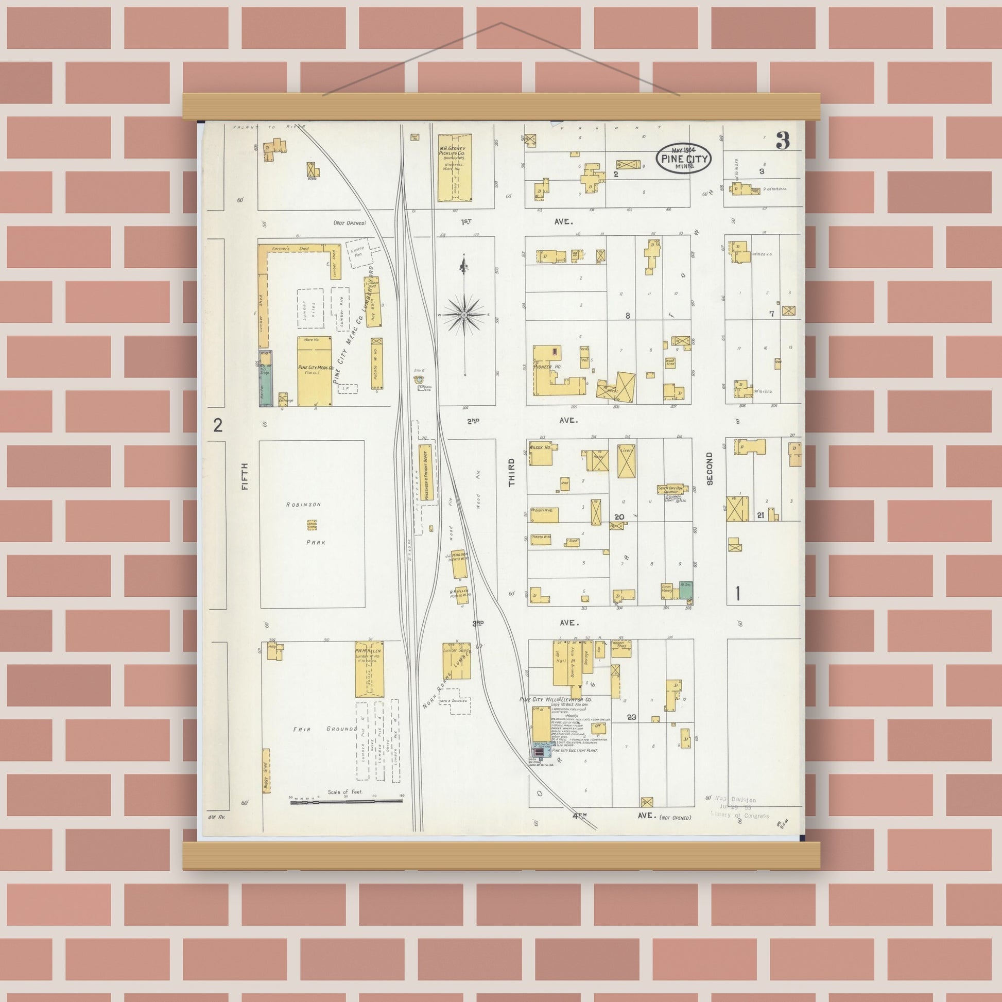 Old map wall art mockup — magnetic wood frame on brick wall — Sanborn Fire Insurance Map from Pine City, Pine County, Minnesota (1904), Sheet #0003