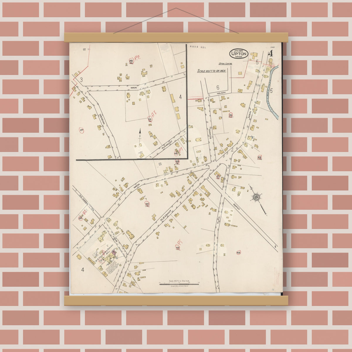 Old map wall art mockup — magnetic wood frame on brick wall — Sanborn Fire Insurance Map from Upton, Worcester County, Massachusetts (1945), Sheet #0004
