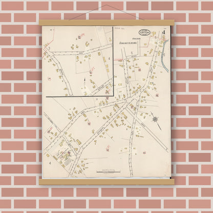 Old map wall art mockup — magnetic wood frame on brick wall — Sanborn Fire Insurance Map from Upton, Worcester County, Massachusetts (1945), Sheet #0004