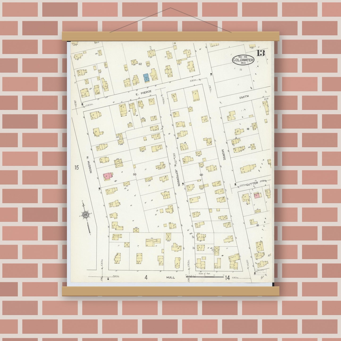 Old map wall art mockup — magnetic wood frame on brick wall — Sanborn Fire Insurance Map from Coldwater, Branch County, Michigan (1914), Sheet #0013