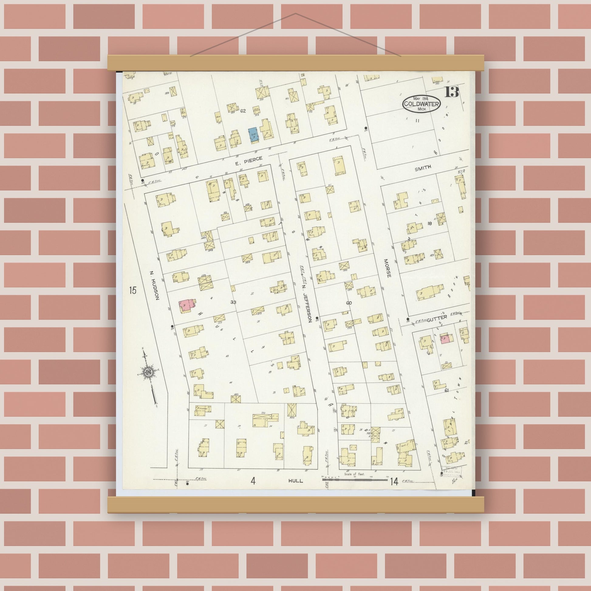 Old map wall art mockup — magnetic wood frame on brick wall — Sanborn Fire Insurance Map from Coldwater, Branch County, Michigan (1914), Sheet #0013