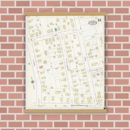 Old map wall art mockup — magnetic wood frame on brick wall — Sanborn Fire Insurance Map from Coldwater, Branch County, Michigan (1914), Sheet #0013
