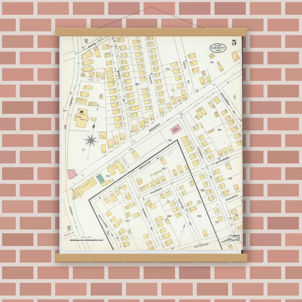 Old map wall art mockup — magnetic wood frame on brick wall — Sanborn Fire Insurance Map from Everett, Middlesex County, Massachusetts (1903), Sheet #0005
