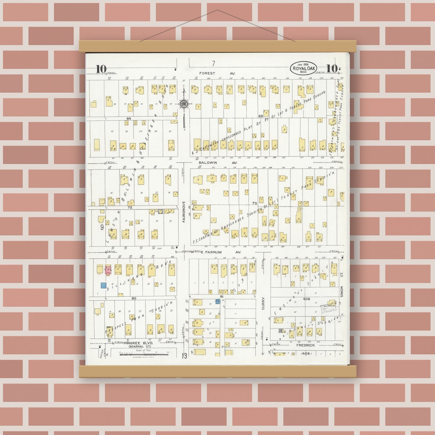 Old map wall art mockup — magnetic wood frame on brick wall — Sanborn Fire Insurance Map from Royal Oak, Oakland County, Michigan (1926), Sheet #0010