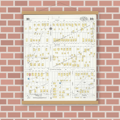Old map wall art mockup — magnetic wood frame on brick wall — Sanborn Fire Insurance Map from Royal Oak, Oakland County, Michigan (1926), Sheet #0010