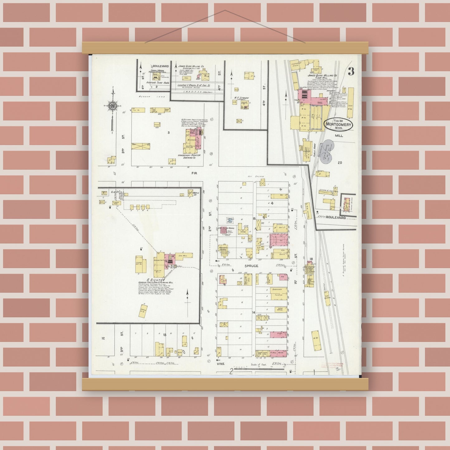 Old map wall art mockup — magnetic wood frame on brick wall — Sanborn Fire Insurance Map from Montgomery, Le Sueur  County, Minnesota (1911), Sheet #0003