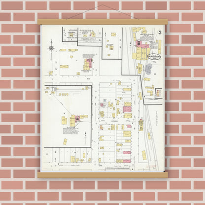 Old map wall art mockup — magnetic wood frame on brick wall — Sanborn Fire Insurance Map from Montgomery, Le Sueur  County, Minnesota (1911), Sheet #0003