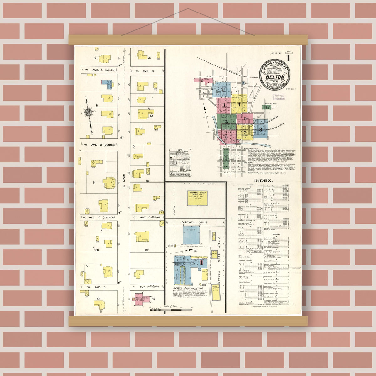 Old map wall art mockup — magnetic wood frame on brick wall — Sanborn Fire Insurance Map from Belton, Bell County, Texas (1912), Sheet #0001