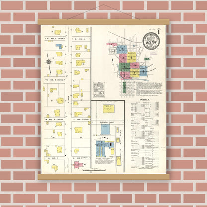 Old map wall art mockup — magnetic wood frame on brick wall — Sanborn Fire Insurance Map from Belton, Bell County, Texas (1912), Sheet #0001