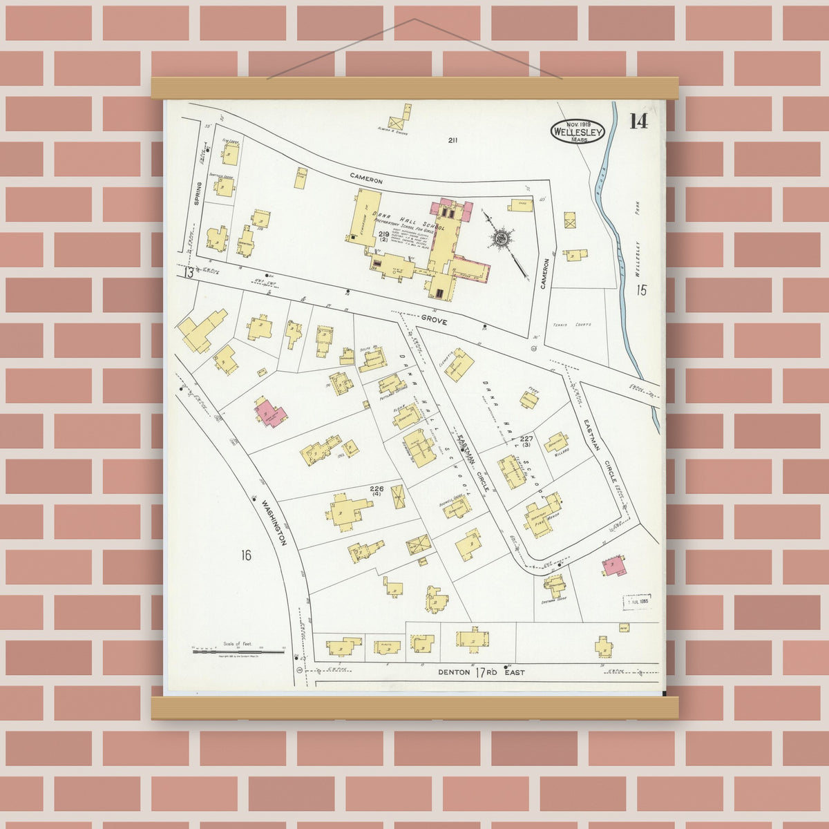 Old map wall art mockup — magnetic wood frame on brick wall — Sanborn Fire Insurance Map from Wellesley, Norfolk County, Massachusetts (1919), Sheet #0014