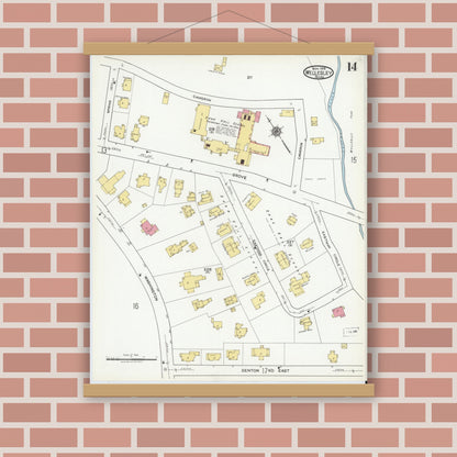 Old map wall art mockup — magnetic wood frame on brick wall — Sanborn Fire Insurance Map from Wellesley, Norfolk County, Massachusetts (1919), Sheet #0014