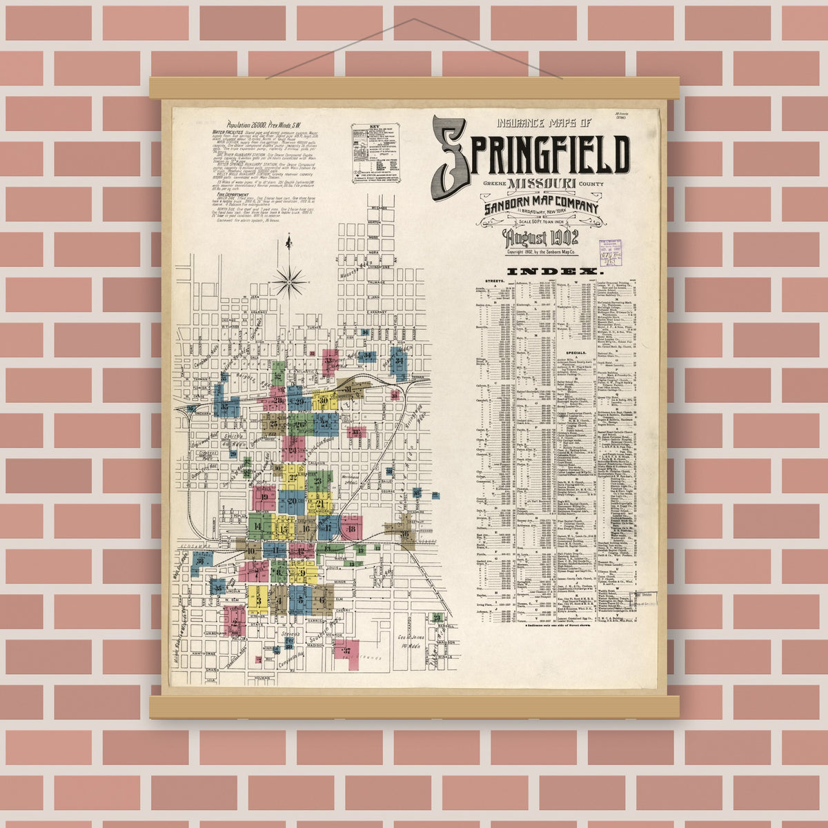 Old map wall art mockup — magnetic wood frame on brick wall — Sanborn Fire Insurance Map from Springfield, Greene County, Missouri (1902), Sheet #0001