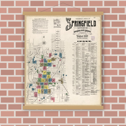 Old map wall art mockup — magnetic wood frame on brick wall — Sanborn Fire Insurance Map from Springfield, Greene County, Missouri (1902), Sheet #0001