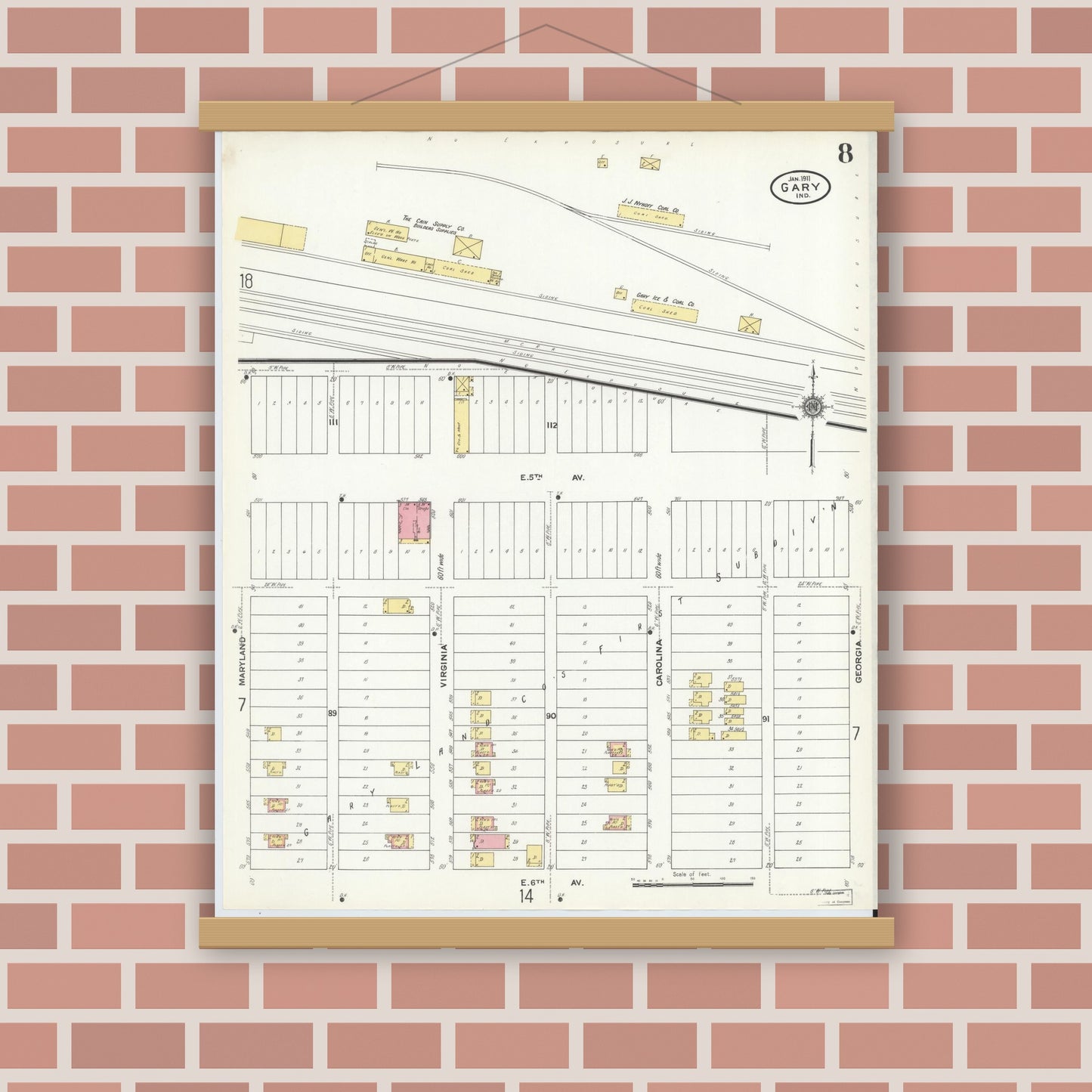 Old map wall art mockup — magnetic wood frame on brick wall — Sanborn Fire Insurance Map from Gary, Lake County, Indiana (1911), Sheet #0008