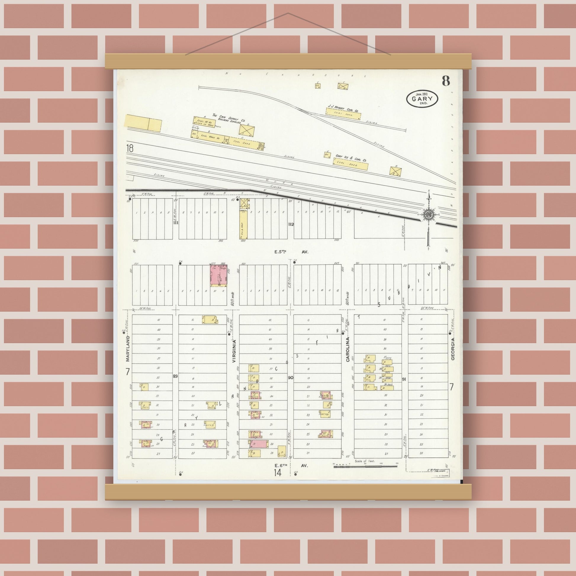Old map wall art mockup — magnetic wood frame on brick wall — Sanborn Fire Insurance Map from Gary, Lake County, Indiana (1911), Sheet #0008
