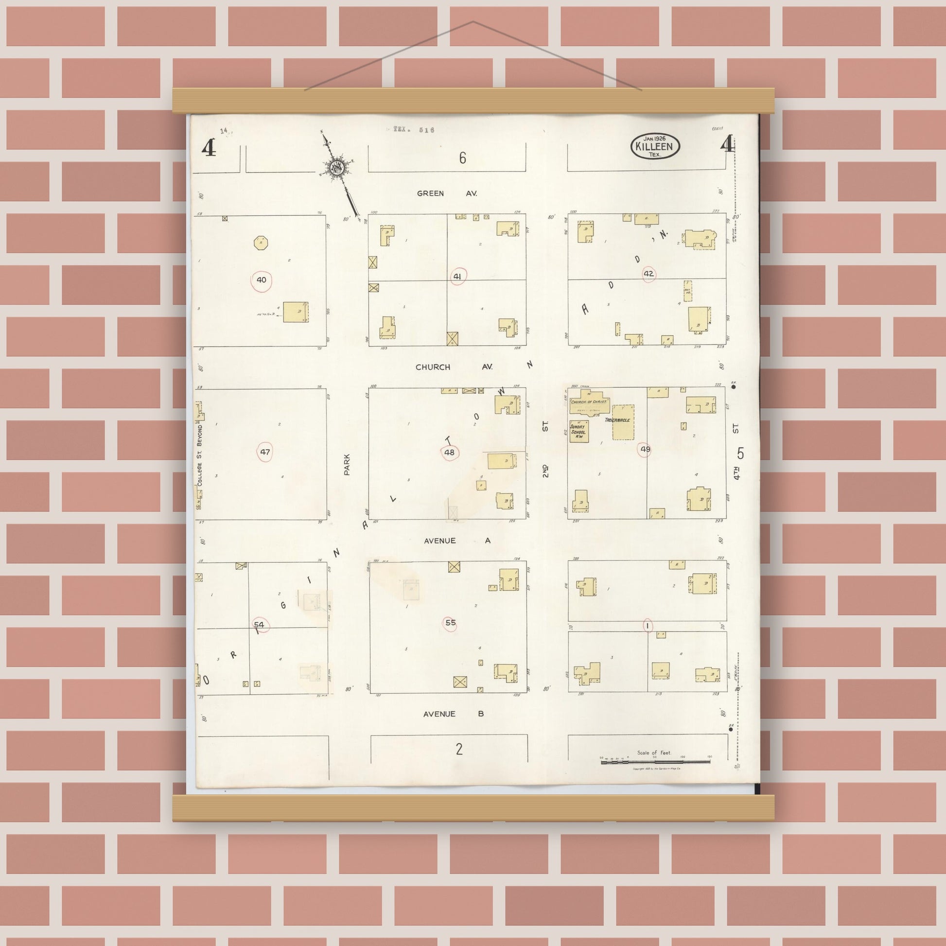 Old map wall art mockup — magnetic wood frame on brick wall — Sanborn Fire Insurance Map from Killeen, Bell County, Texas (1937), Sheet #0004