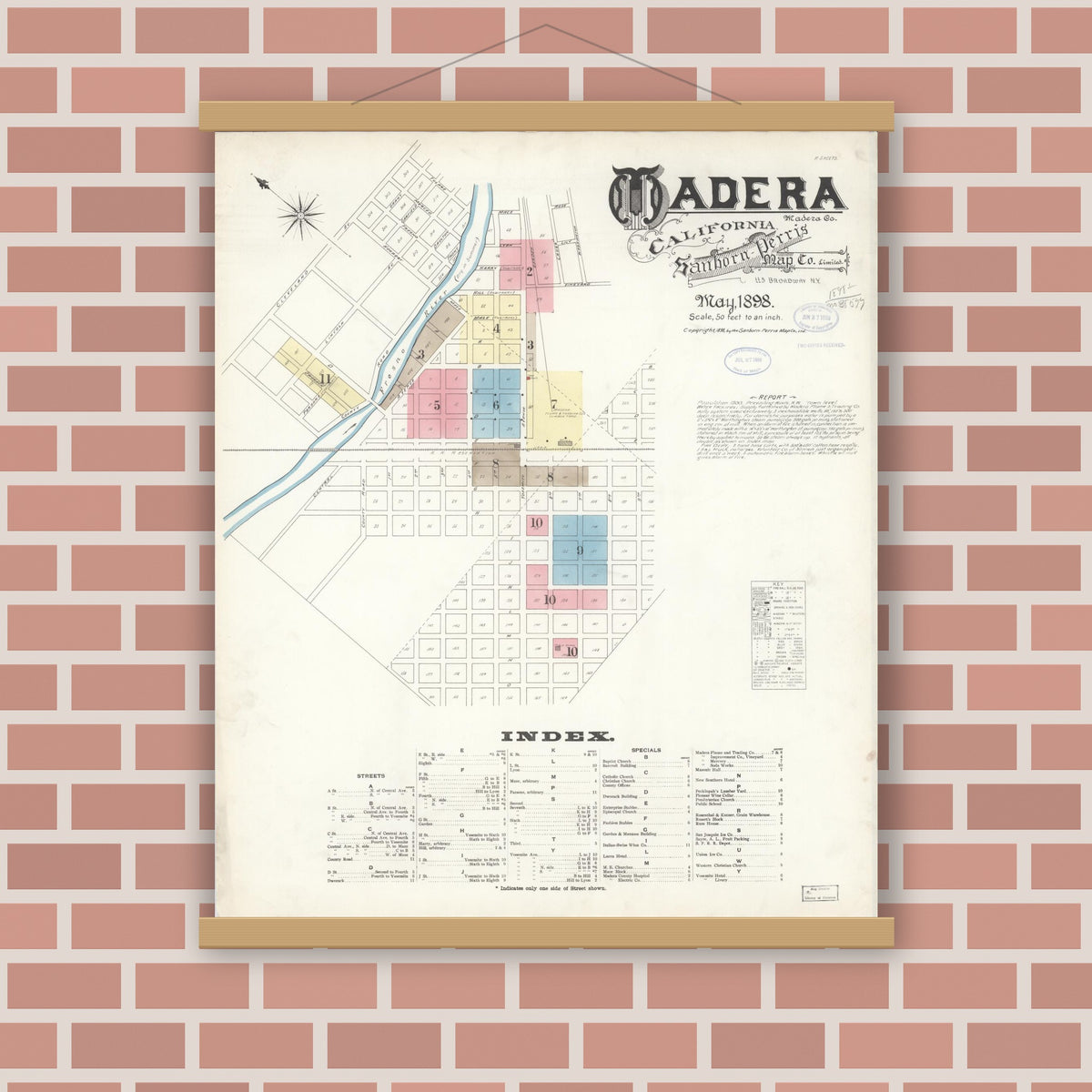 Old map wall art mockup — magnetic wood frame on brick wall — Sanborn Fire Insurance Map from Madera, Madera County, California (1898) - Complete Map Set