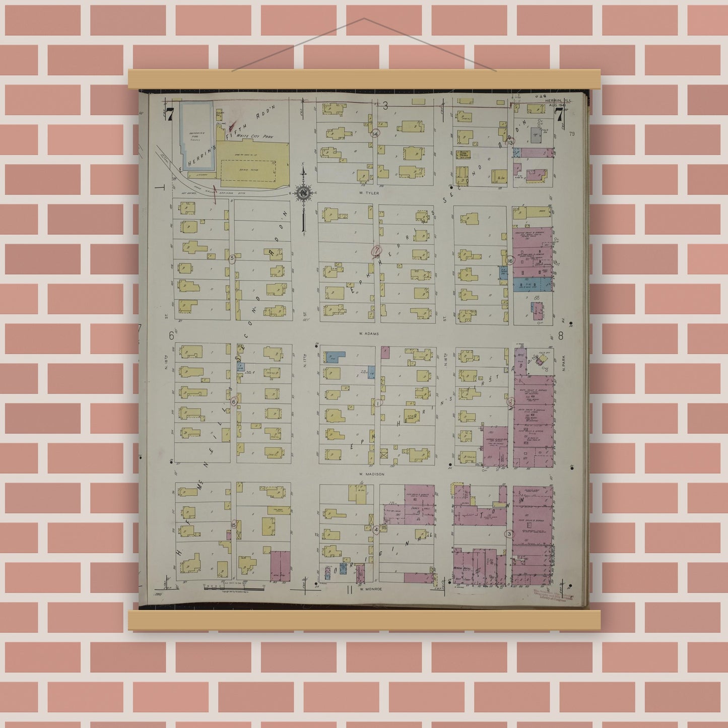 Old map wall art mockup — magnetic wood frame on brick wall — Sanborn Fire Insurance Map from Herrin, Williamson County, Illinois (1947), Sheet #0007