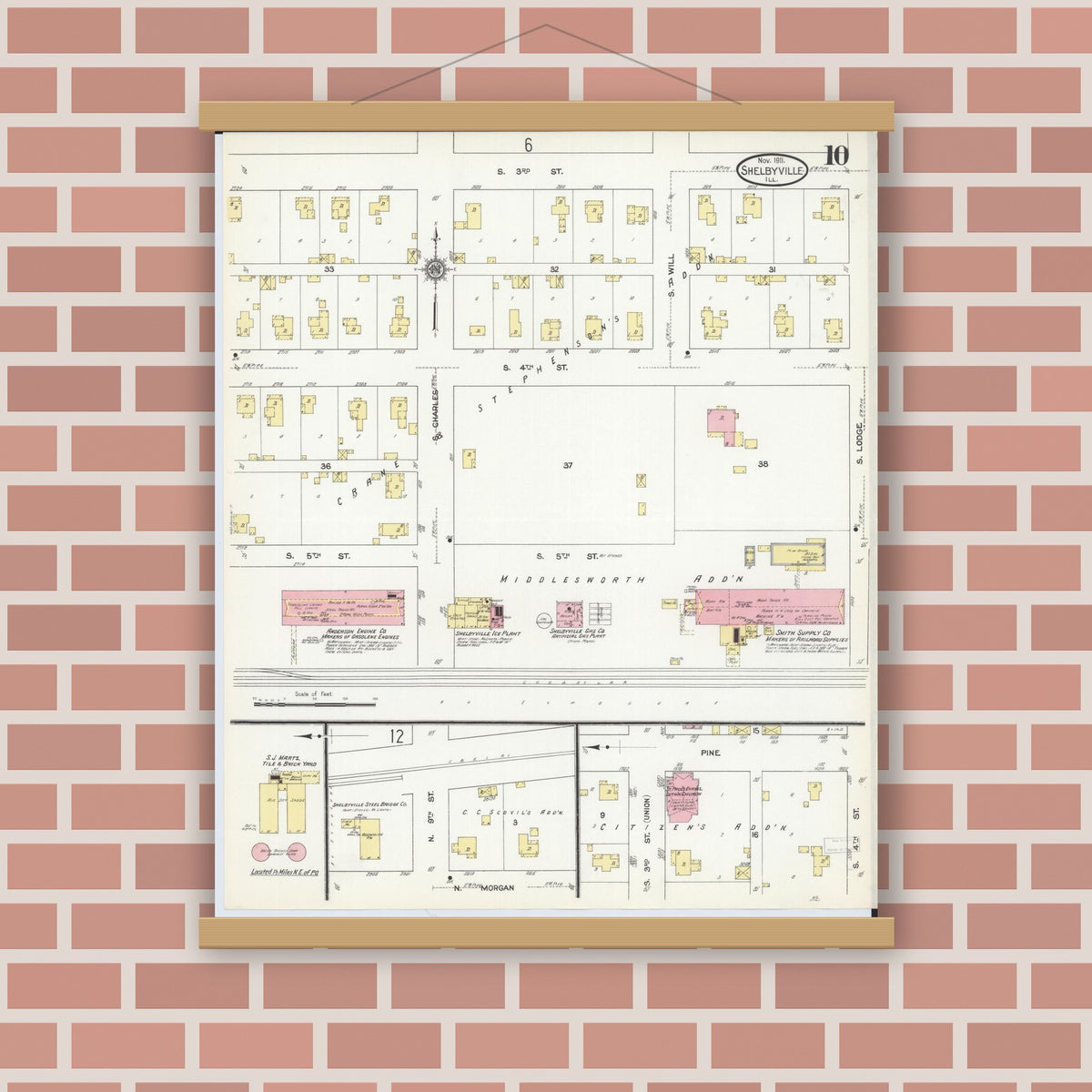 Old map wall art mockup — magnetic wood frame on brick wall — Sanborn Fire Insurance Map from Shelbyville, Shelby County, Illinois (1911), Sheet #0010