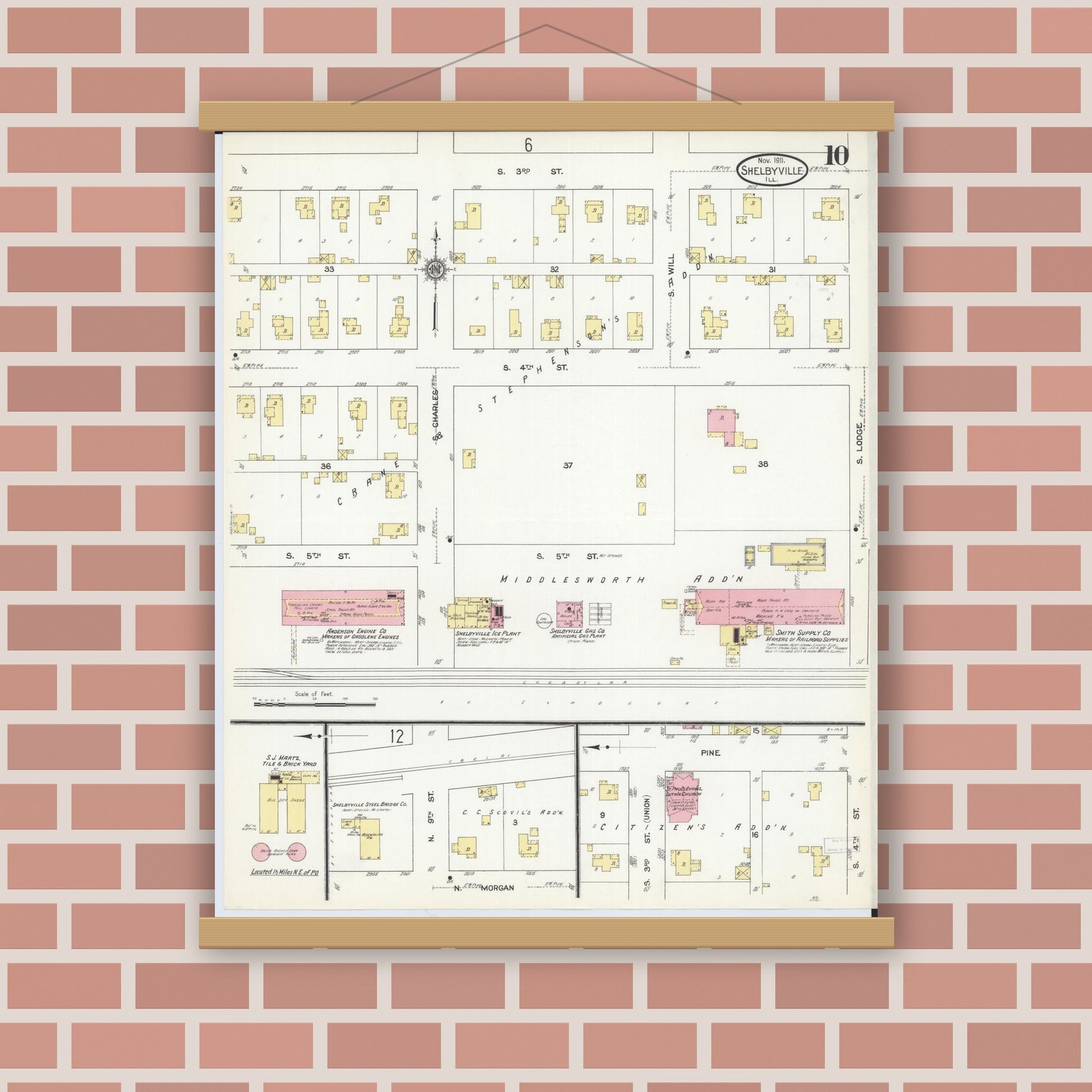 Old map wall art mockup — magnetic wood frame on brick wall — Sanborn Fire Insurance Map from Shelbyville, Shelby County, Illinois (1911), Sheet #0010