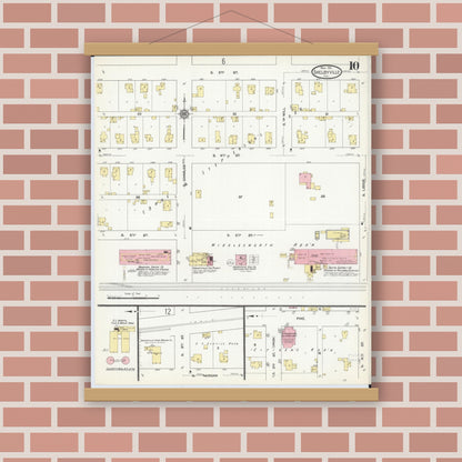 Old map wall art mockup — magnetic wood frame on brick wall — Sanborn Fire Insurance Map from Shelbyville, Shelby County, Illinois (1911), Sheet #0010