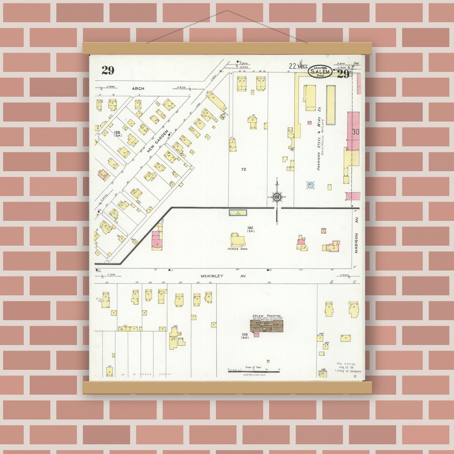 Old map wall art mockup — magnetic wood frame on brick wall — Sanborn Fire Insurance Map from Salem, Columbiana County, Ohio (1926), Sheet #0029