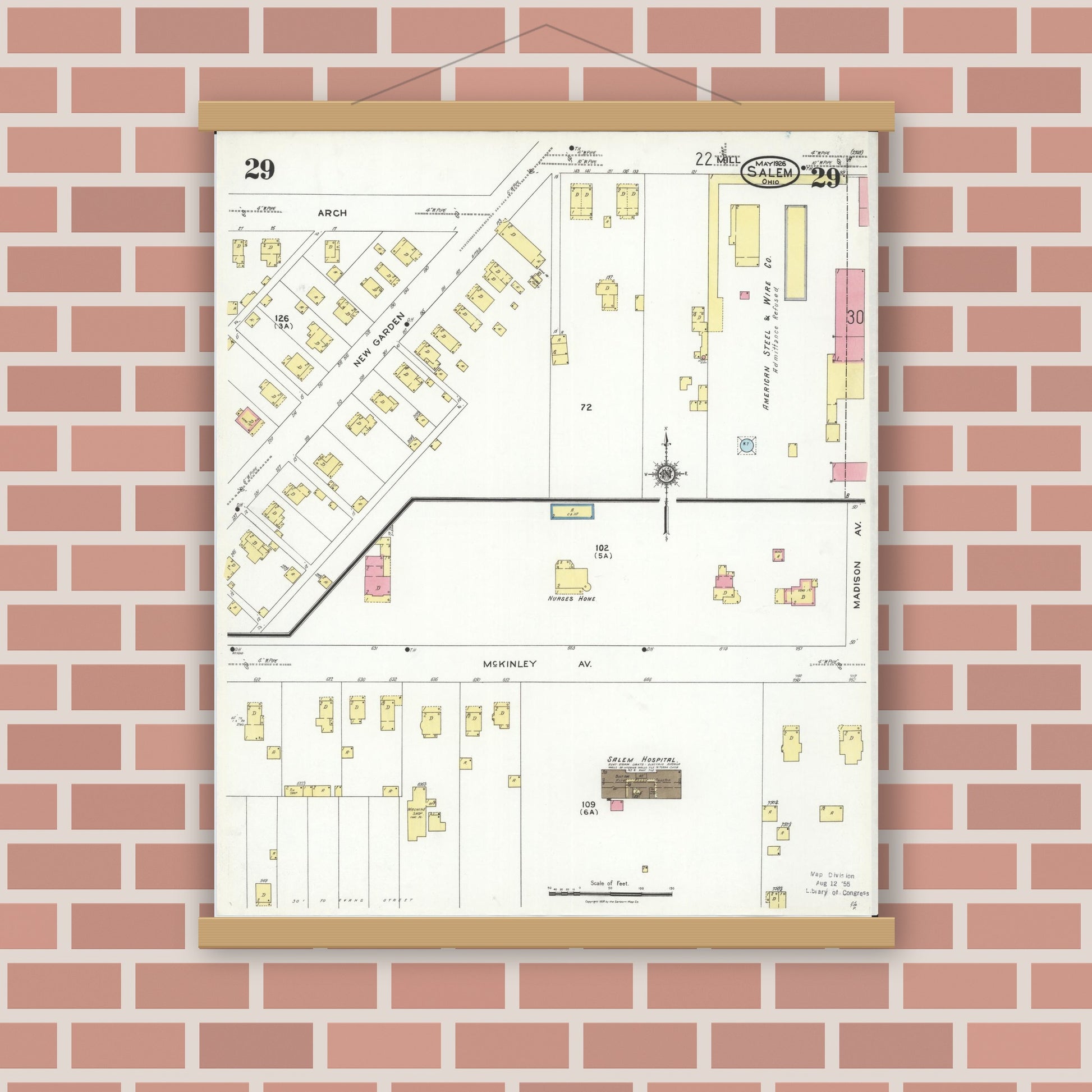 Old map wall art mockup — magnetic wood frame on brick wall — Sanborn Fire Insurance Map from Salem, Columbiana County, Ohio (1926), Sheet #0029