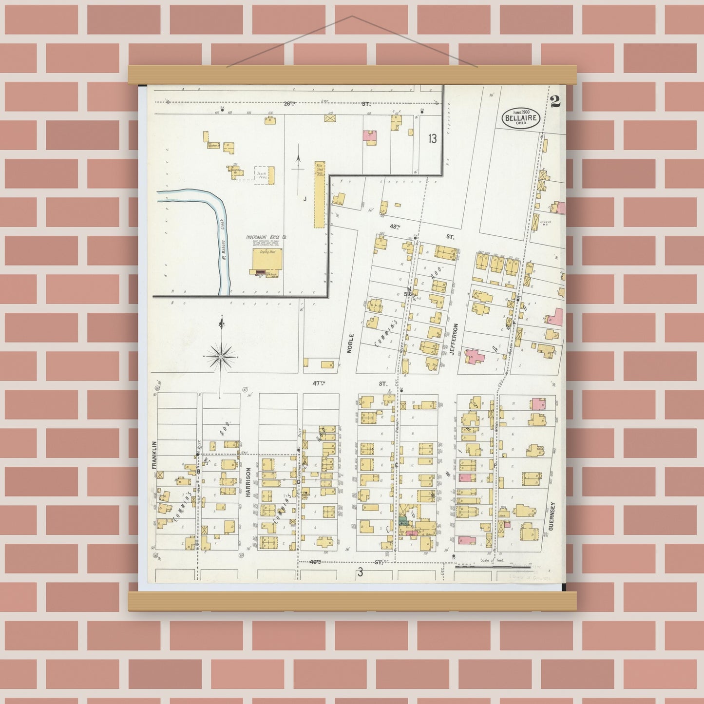 Old map wall art mockup — magnetic wood frame on brick wall — Sanborn Fire Insurance Map from Bellaire, Belmont County, Ohio (1900), Sheet #0002