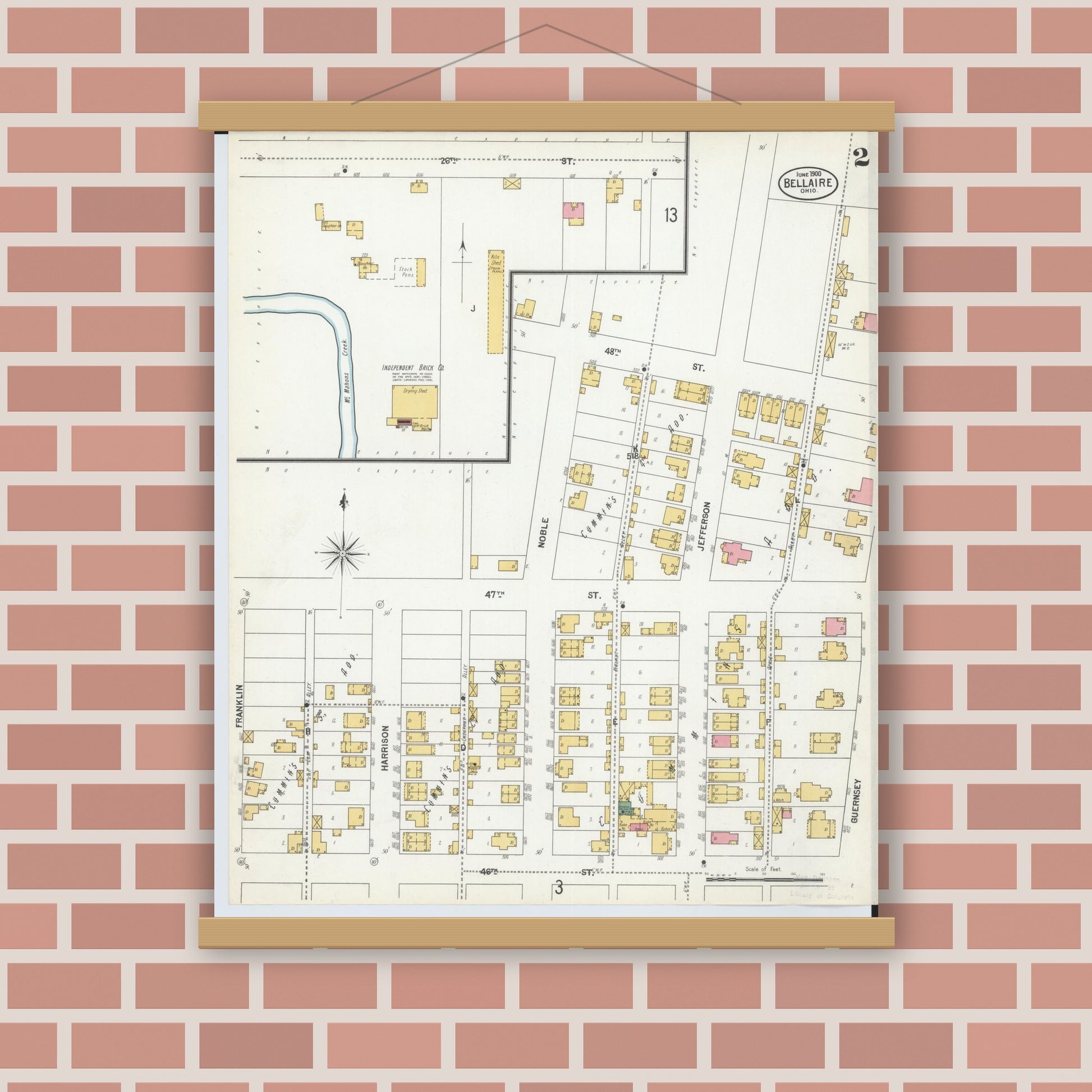 Old map wall art mockup — magnetic wood frame on brick wall — Sanborn Fire Insurance Map from Bellaire, Belmont County, Ohio (1900), Sheet #0002
