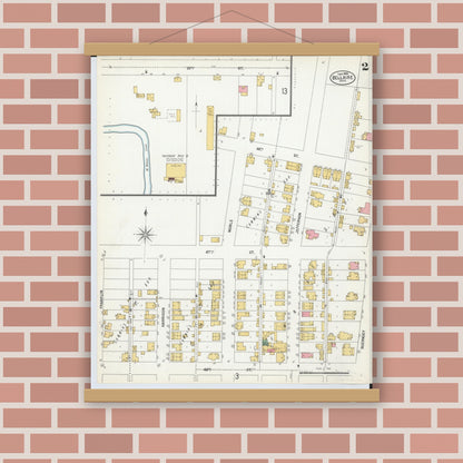Old map wall art mockup — magnetic wood frame on brick wall — Sanborn Fire Insurance Map from Bellaire, Belmont County, Ohio (1900), Sheet #0002