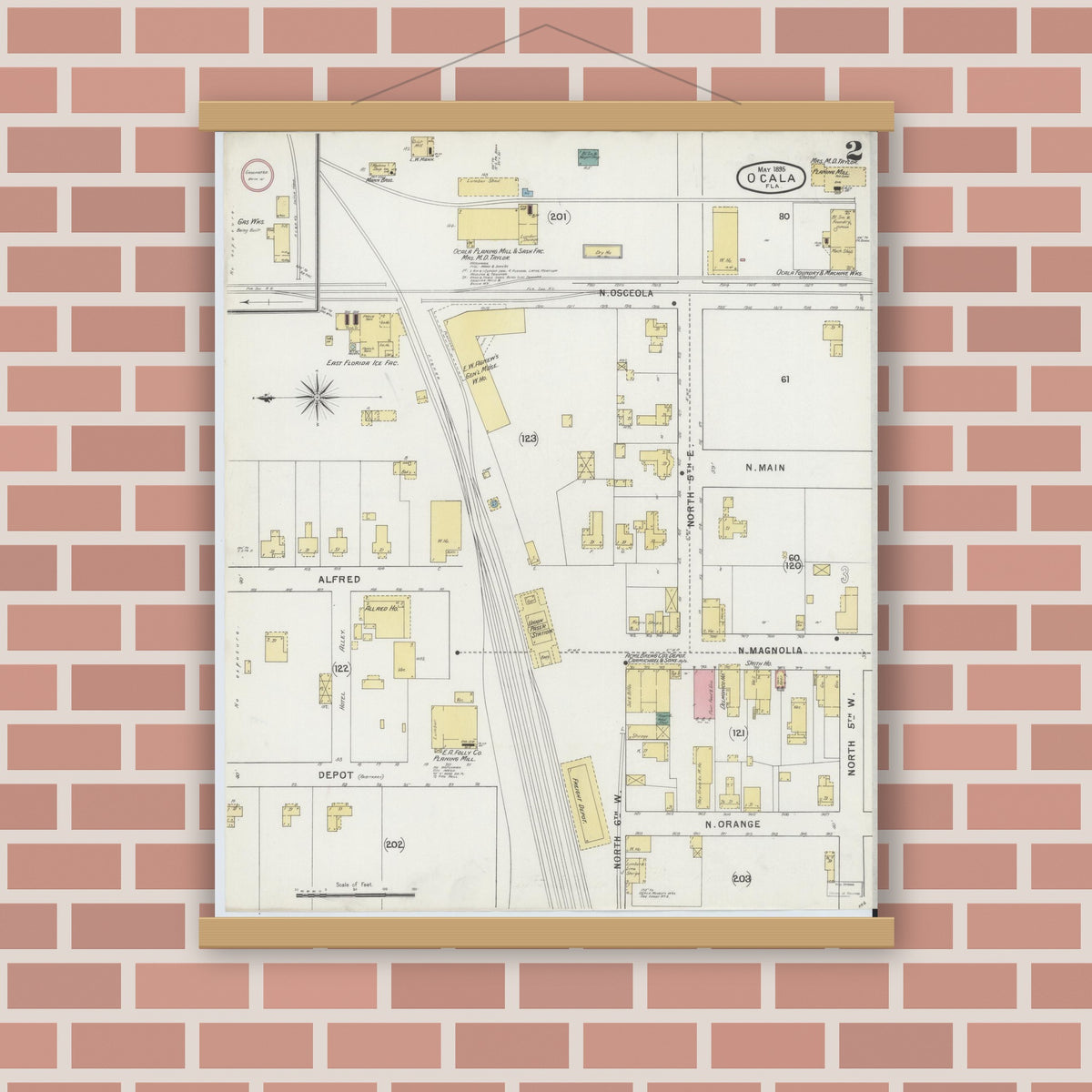 Old map wall art mockup — magnetic wood frame on brick wall — Sanborn Fire Insurance Map from Ocala, Marion County, Florida (1895), Sheet #0002