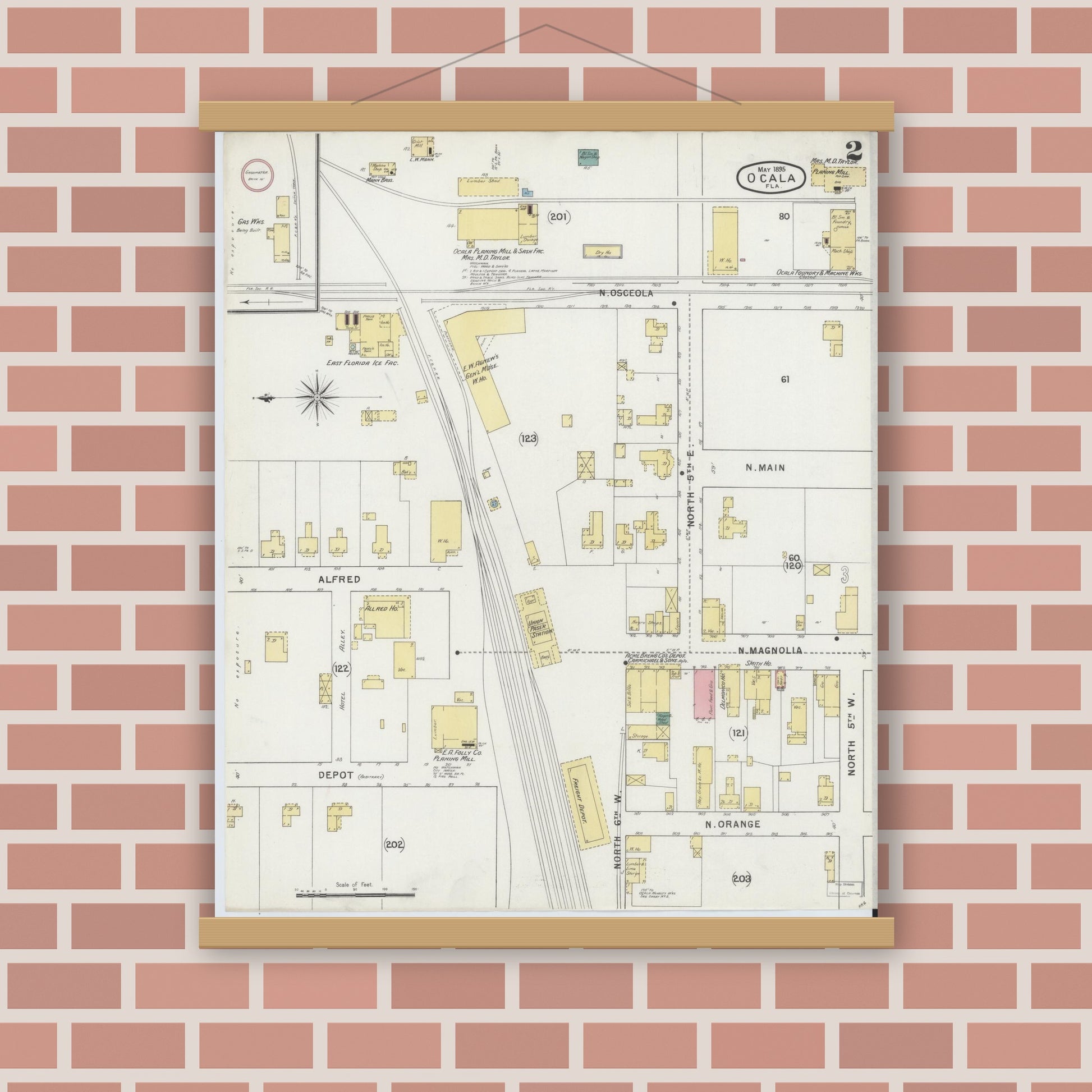 Old map wall art mockup — magnetic wood frame on brick wall — Sanborn Fire Insurance Map from Ocala, Marion County, Florida (1895), Sheet #0002