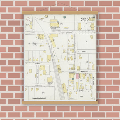 Old map wall art mockup — magnetic wood frame on brick wall — Sanborn Fire Insurance Map from Ocala, Marion County, Florida (1895), Sheet #0002