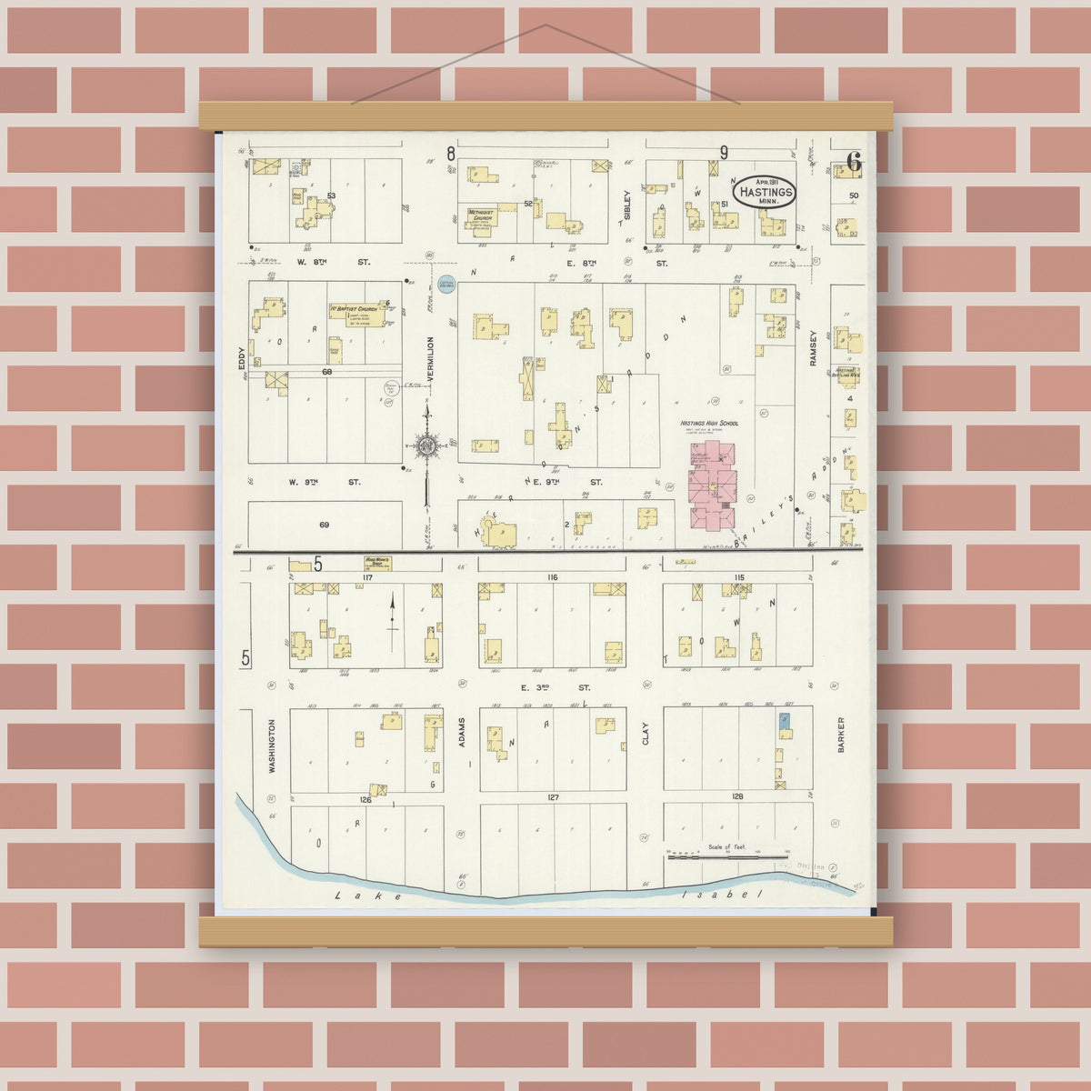 Old map wall art mockup — magnetic wood frame on brick wall — Sanborn Fire Insurance Map from Hastings, Dakota County, Minnesota (1911), Sheet #0006