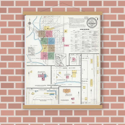 Old map wall art mockup — magnetic wood frame on brick wall — Sanborn Fire Insurance Map from Fairmont, Martin County, Minnesota (1917), Sheet #0001